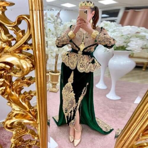 Green Long Sleeves Karakou Sexy V Neck Mermaid Evening Dress Gold Appliques Muslim Dubai Prom Dress Formal Vestidos De Gala
