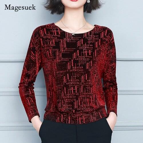 Female New Spring and Autumn Women Blouse 2021 Elegant Knitted Tops Vintage Glitter Shirt Fashion Print Women Clothing 15773