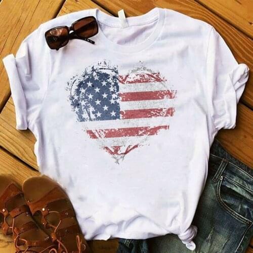 Women Shirt American Heart Print Plus Size Women Striped Graphic USA Flag Love Top Short Sleeve Tshirt Female Womens T T-shirt