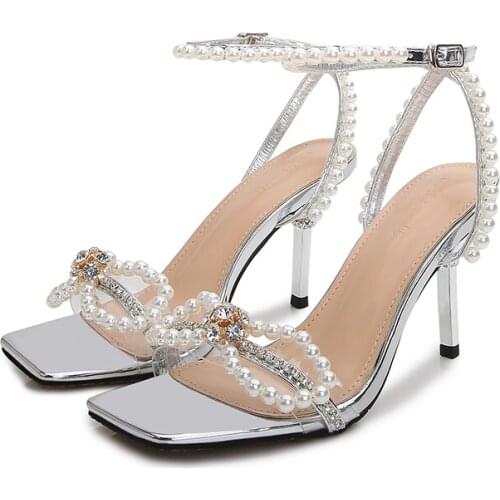 INS hot summer woman white pearls knot high heel sandal woman high heel White pearl bow rhinestones sandal real photos