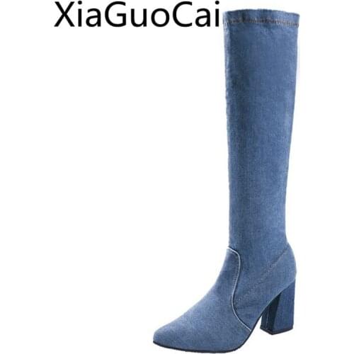 Fashion Women Square Heel Long Boots Leather Over The Knee Spring and Autumn Ladies Boots Side Zipper High Heels Stretch Boots