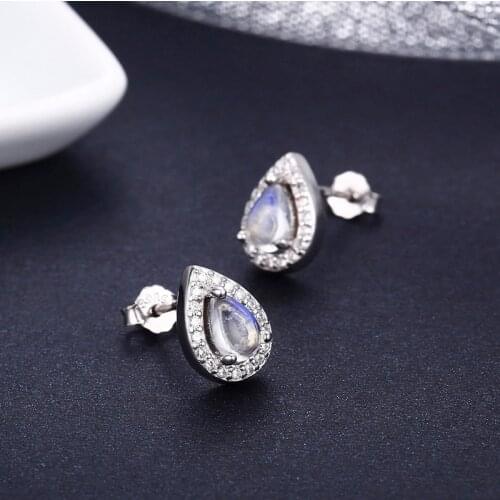 Cute 925 Sterling Silver Tear drop Pear Natual Moonstones & CZ Stud Earrings For Women Girls Kid Jewelry Orecchini Aros Aretes