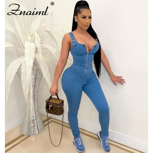 Znaiml One Piece Denim Jumpsuit for Women Vintage Sleeveless Spaghetti Strap Blue Jeans Overalls Ladies Casual Jean Bodysuits