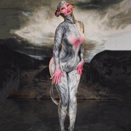 Nightclub Bar Women Cosplay Costume Monkey Role-playing Performance Clothes Printed Hooded Jumpsuit Halloween Party Stage Wear