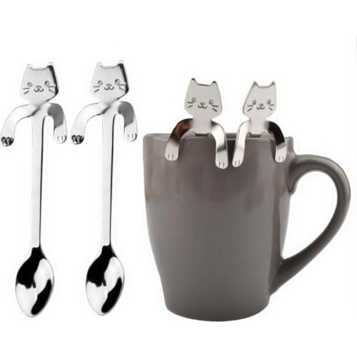 1Pcs Cute Cat Long Handle Hanging Spoon Coffee Milk Stainless Steel Spoon Flatware Drinking Tools Kitchen Gadget for Kids Gifts