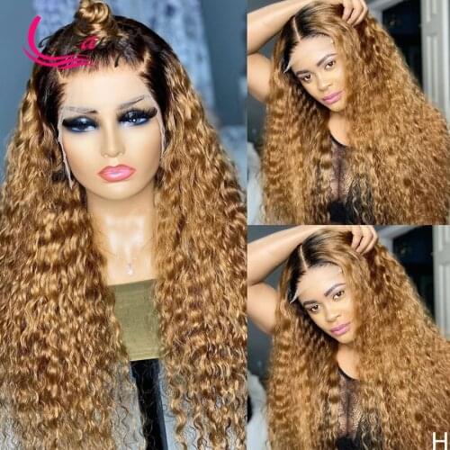 13X6 HD Transparent Ombre Honey Blonde Lace Frontal Human Hair Wigs Highlight Colored Curly Remy Wig Pre Plucked Bleached Knots