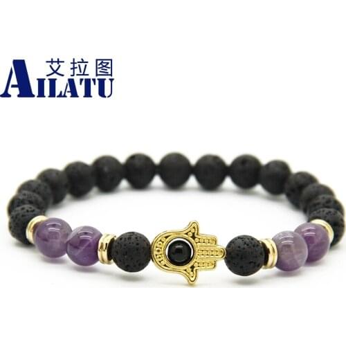 Ailatu New Arrival 8mm Natural Purple Crystal & Lava Rock Stone Beads Protection Hamsa Hand Fatima Bracelet