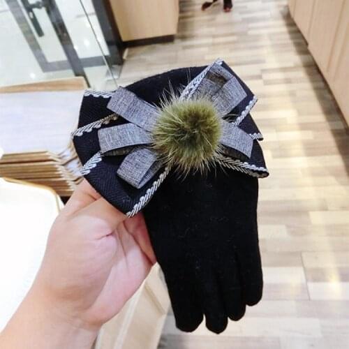 Bowknot Mink Wool Cashmere Gloves Korean Version of The New Touch Screen Five-Finger Ladies Cute Big Fur Ball Warm Finger Gloves