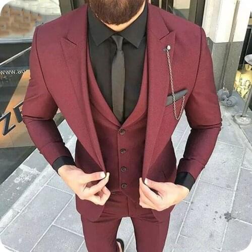 Burgundy Men Suits Slim Fit Wedding Groom Wear Tuxedos Peaked Lapel 3 Pieces(Jacket+Pants+Vest) Terno Prom Blazer Costume Homme