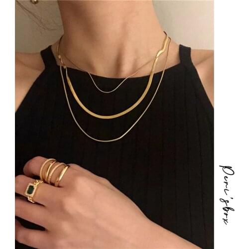 PerisBox 3 Pcs/Set Snakebone Chains Necklaces Wide Flat Layered Necklaces Vintage Trendy Statement Necklaces For Women Jewelry