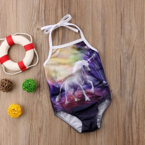 Children Girls Kids Unicorn Halter Swimwear Costume Swimsuit Bikini One Piece Swimming Clothes