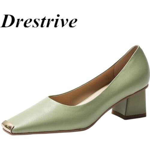 Drestrive Women Pumps 2021 Summer Classics High Heel Shoes Cow Leahter Metal Square Toe Shallow Green Thick Heel Genuine Leather