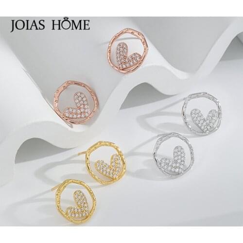 JoiasHome Baroque heart-shaped Stud Earrings for Women Silver 925 Jewelry Gemstone Ear-studs S925 Hollow Circle Design Party