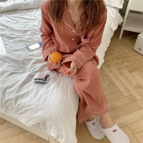 Womens Suit 2 Pieces Home Set Cotton Korean Solid Color Long-sleeved Cardigan and Trousers Loungewear Ladys Cute Sleepwear Hot