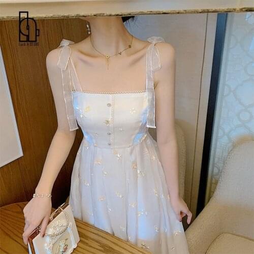 Korean Style Elegant Strap Dress Women Sleeveless Floral Design Fairy Dress Evening Party Dress for Females 2021 Summer Chic