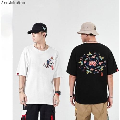 Summer New Chinese Style Happy Bird Plum Blossom 4XL Loose Couple Short-sleeved T-shirt Mens Embroidered Compassionate Shirt
