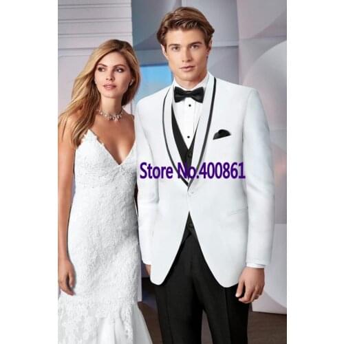 Fashionable White Mens Dinner Prom Suits Groom Tuxedos Groomsmen Wedding Blazer Suits (Jacket+Pants+Vest+Tie) K:2823