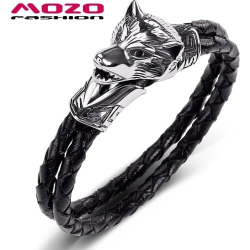 Fashion Men Jewelry Black Leather Bracelet Stainless Steel Punk Ferocious wolf Charm Exaggeration Bracelets for Gift PS1045