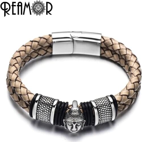 REAMOR Men Jewelry 316l Stainless Steel Thailand Buddha Head Bracelets Bangles Gray Genuine Leather Bracelet With Magnetic Clasp