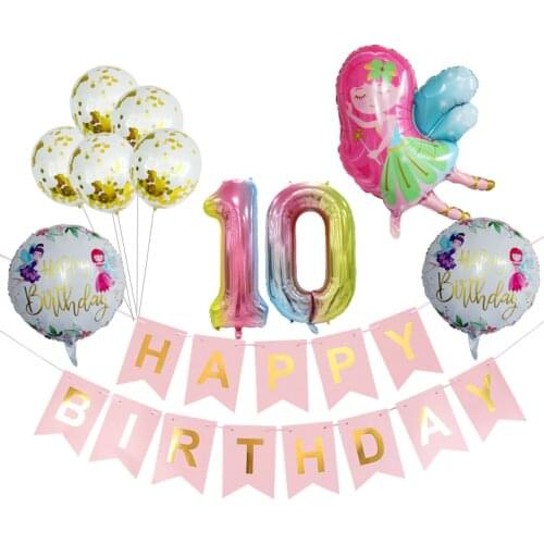 Birthday Fairy Set Paper Happy Birthday Banner Foil Fairy Rainbow Number Balloons Childrens Girl Birthday Party Decorations Kid