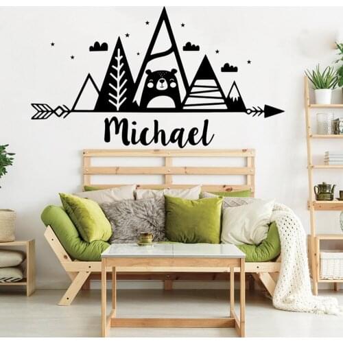 Custom Name Nordic Bear Mountain Arrow Wall Decal Playroom Kids Room Personalized Name Star Cloud Travel Wall Sticker Nursery Vi