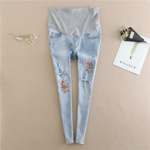 New Embroidery Flower Denim Maternity Jeans Summer Light Blue Ripped Hole Pencil Pregnancy Trousers Clothes for Pregnant Women