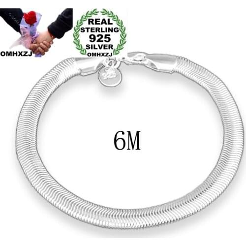 OMHXZJ Wholesale Personality Fashion OL Woman Girl Party Gift Silver 6mm Flat Snake Chain 925 Sterling Silver Bracelet BR122