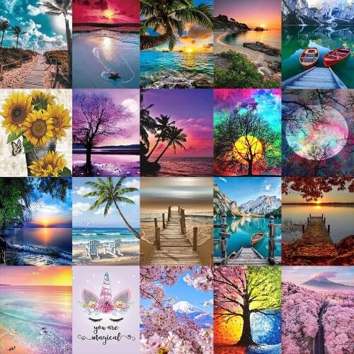 Full Circle Diamond Painting Moon Tree 5D Handmade Diamond Embroidery Unicorn Mosaic Seaside Landscape Art Kit Home Decoration