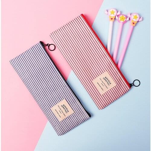 Simple Canvas Pencil Bags Plaid Striped Pencils Case Pen Bag Large Capacity School Pencils Pouch Stationery Supplie