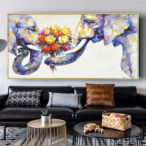 Hand Painted Modern Flowers Canvas Wall Art Couple In Love Animal Elephant Oil Painting On Canvas Home Decoration Unique Gift