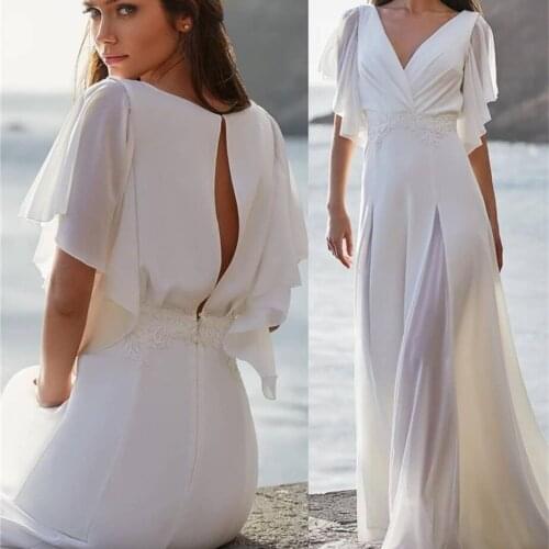 Bohemian Wedding Dress A-Line V-Neck Half Sleeve Pleat Appliques Open Back Floor Length Sweep Train Bride Gown Tailor Made New