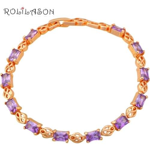 ROLILASON Gorgeous golden Crystal Bracelet Valentine Day Gift for Lover Purple Violet Zircon Bracelet TBS1145