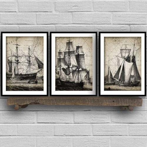Vintage Sailing Ship Triptych Posters and Prints Bathroom Wall Art Decor Navy Ship Nautical Art Canvas Painting Decoration