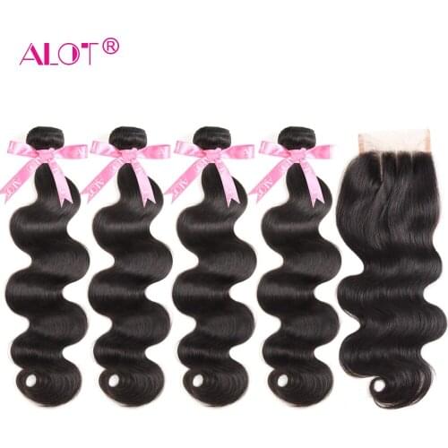 Body Wave 4 Bundles With Closure Peruvian Non Remy Hair Extension 5 PCS Human Hair Weave With Three Part Swiss Lace Closure