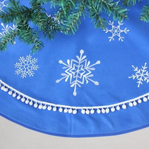 Snowflake Embroidery with Bobble Tassels Border Blue Polar Fleece Christmas Tree Skirt 50"