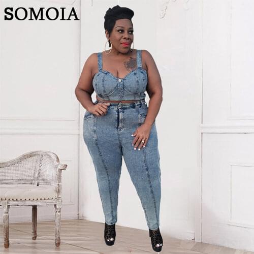 Plus Size Women Clothing Sleeveless Denim Summer Clothes Cowboy Two Piece Set Streetwear Sexy Vest and Jeans Wholesale Items