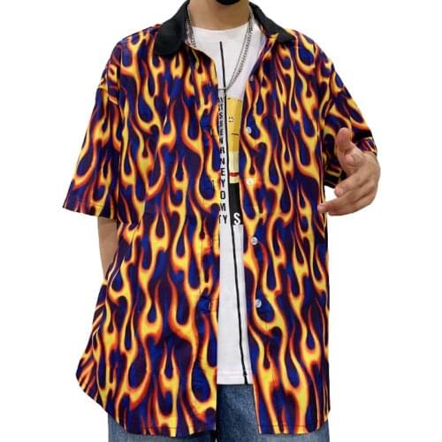 2019 New Summer Shirts Women Harajuku Style Shirts Loose Cotton Hip Hop Half Sleeve Shirts Street Flame Print Shirts Female