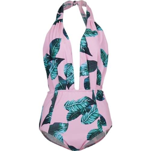 Vintage Floral Printed One Piece Swimsuit Open Back Halter Swimwear Women