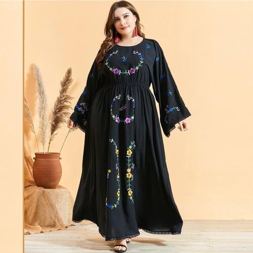 DOIB Women Black Emboridery Abya Maxi Dress Flare Full Sleeve Lace Patchwork Dress 2020 Autumn Muslim Plus Size Dress