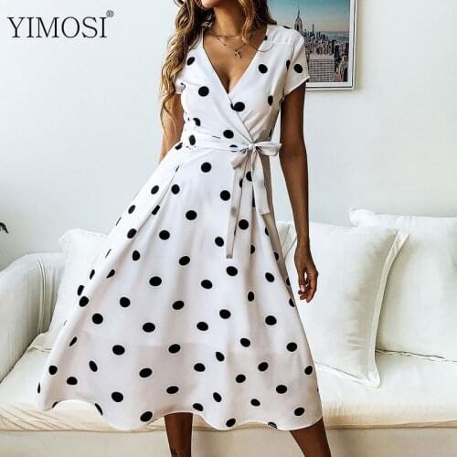 Women Dot Print Dress 2020 Sexy V Neck Short Sleeve A-Line High Waist Midi Dress Elegant Party Dresses Vestidos
