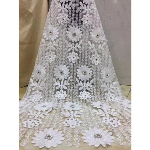 5yards/pc) Wonderful embroidered white African tulle lace Newest French lace fabric with beads for party dress FZX120