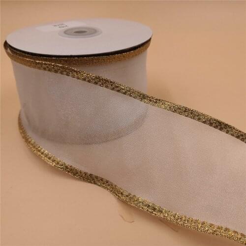 63MM X 25 Yards White Organza With Press Gold Edges Wired Edge Ribbon for Birthday Decoration Gift Wrapping 2-1/2"