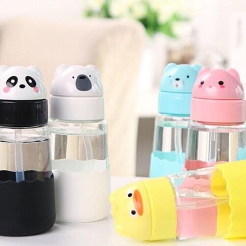 Baby Water Bottle Infant Feeding Cartoon Glass Cup Flip Lid Leak Proof Training Handle Straw Drink Bottle 320ML