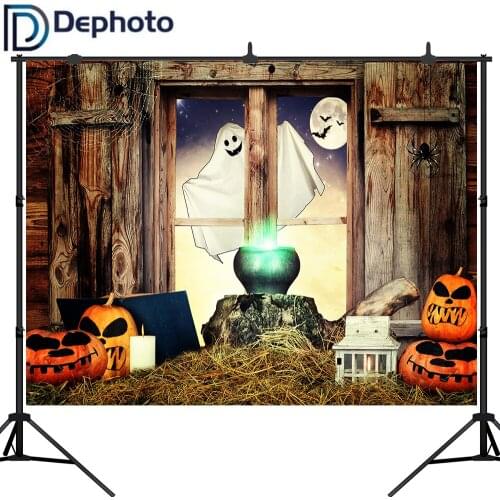 Dephoto Wooden Window Halloween Photo Backdrops ghost Pumpkin Lanterns Full Moon Baby Kids Photography Studio Backgrounds