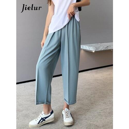 Jielur Summer High-waist Eight-point Wide-leg Pants Women Casual Black White Blue Trousers for Women Elastic Waist Pants Female