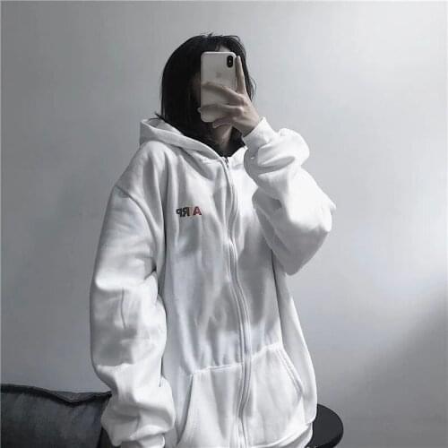 Harajuku Jacket Cardigan Sweet Girl Loose Drawstring Pure Color Korean Slim Wild Hooded Sweater White Top clothes album jacket