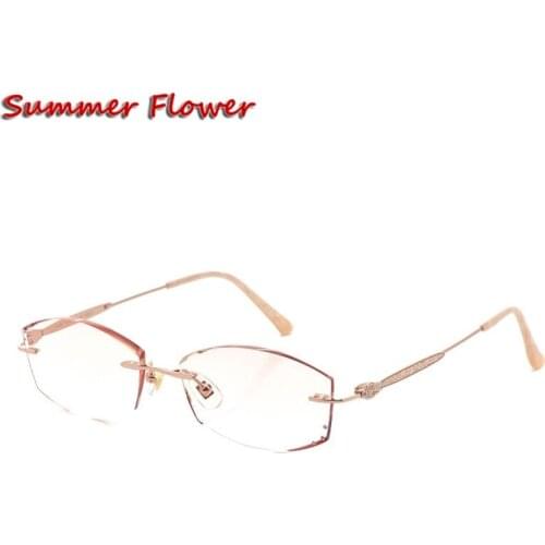 Chashma Titanium Fashion Female Eye Glasses Gray Red Lens Diamond Trimmed Rimless Spectacle Frames Women Sunglasses Tint Lenses