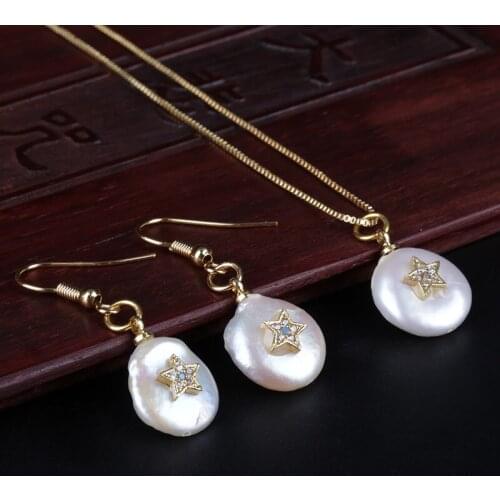 Tiny Gold White Cz Crystal Star Charm Beads Coin Freshwater Pearl Chic Drop Earring Choker Necklace Women Jewelry Set Gift