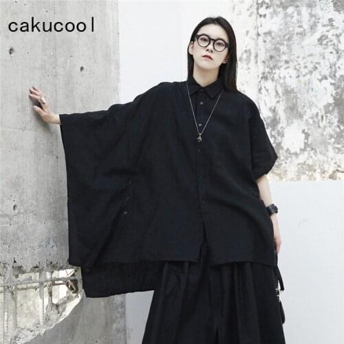 Cakucool New Women Blouses Batwing Long Sleeve Loose Linen Blusas Minimal Casual Japanese Darkness Asymmetric Blouse Tops Femme