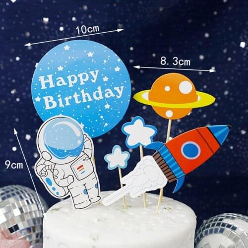 New Astronaut Happy Birthday Cake Topper Spaceship Birthday Cupcake Topper Supplies for Baby Birthday Party Cake Decorations